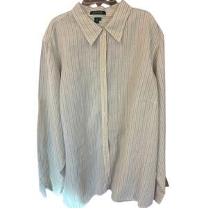 LAUREN Ralph Lauren Off White Blue Stripe 100% Linen Button Up Blouse Size 2X